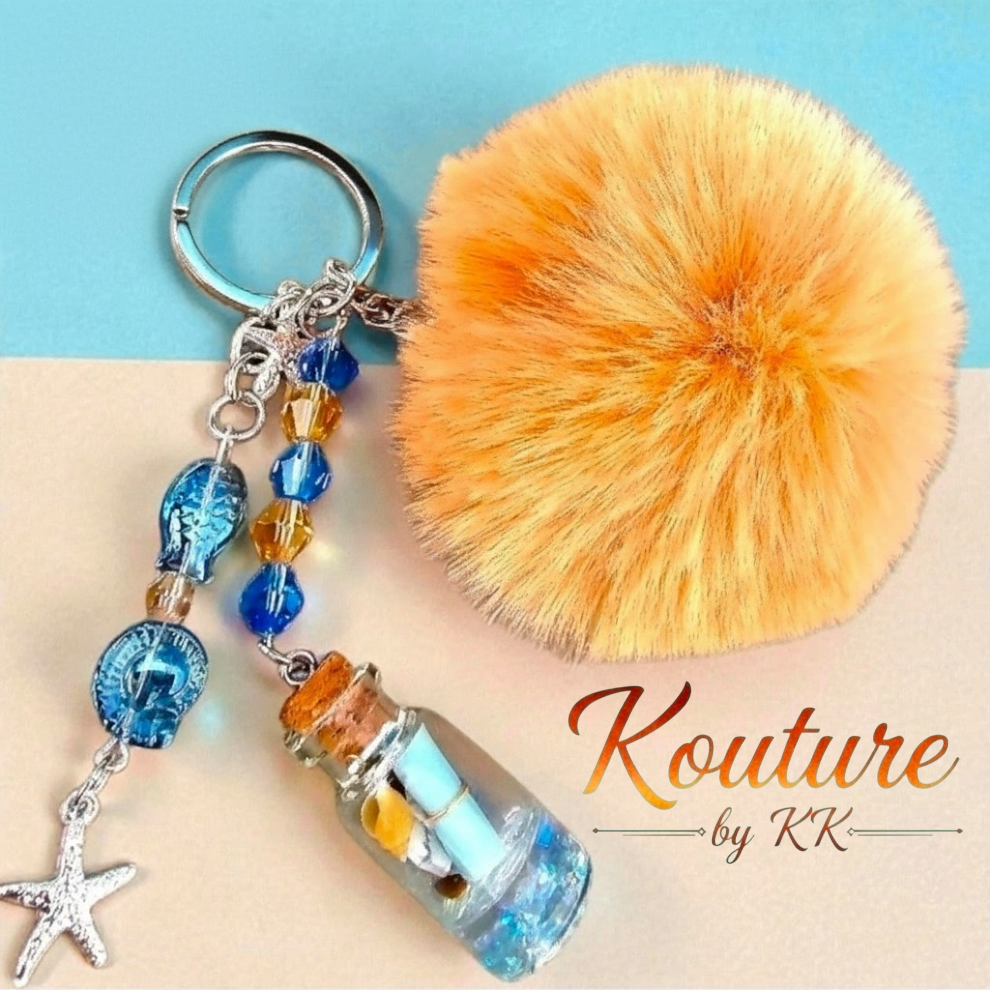 Beach Keychain: Starfish, Glass Bottle with Shell Beads & Pom Pom