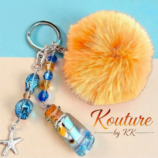 Beach Keychain: Starfish, Glass Bottle with Shell Beads & Pom Pom
