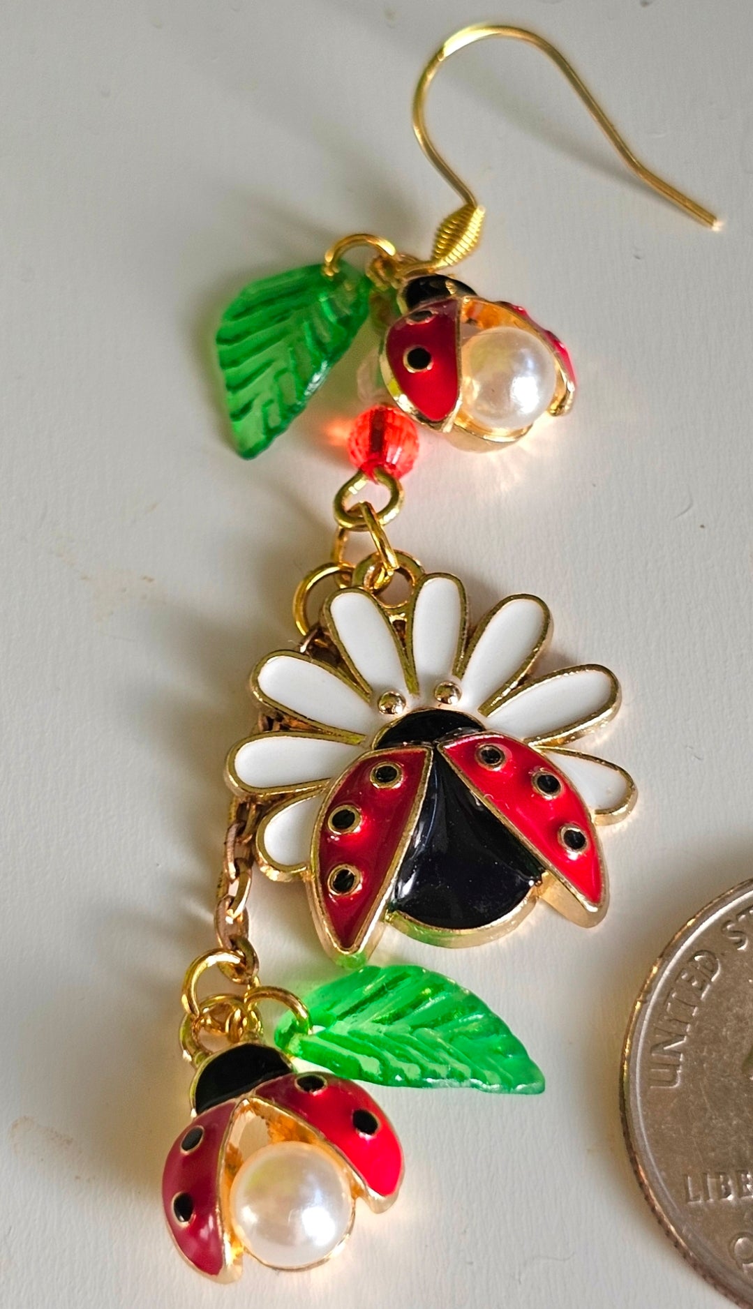 Ladybug Pearl Double Leaf & Daisy Dangle Earrings – Gold Nature Jewelry with Crystal Beads for Garden Lovers