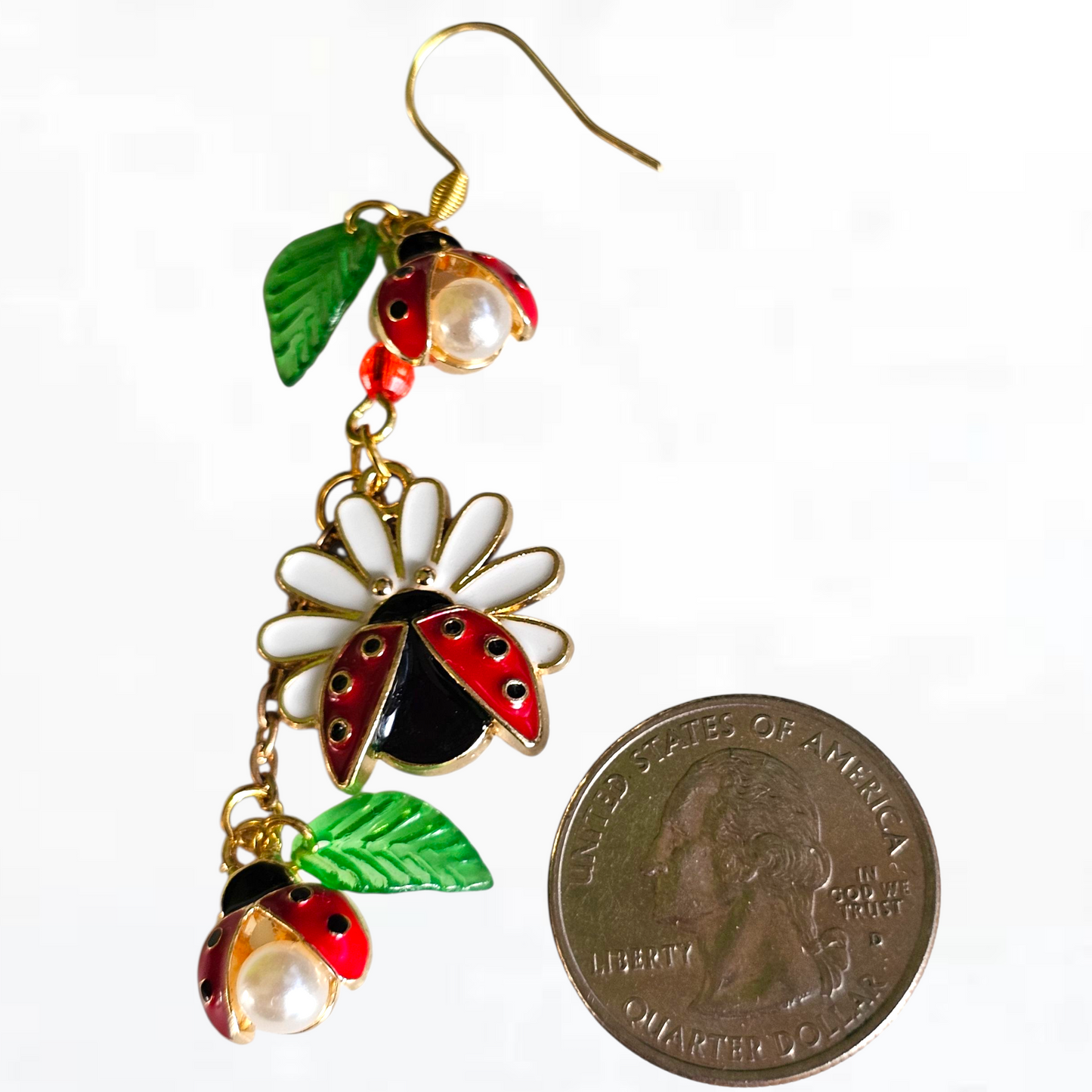 Ladybug Pearl Double Leaf & Daisy Dangle Earrings – Gold Nature Jewelry with Crystal Beads for Garden Lovers