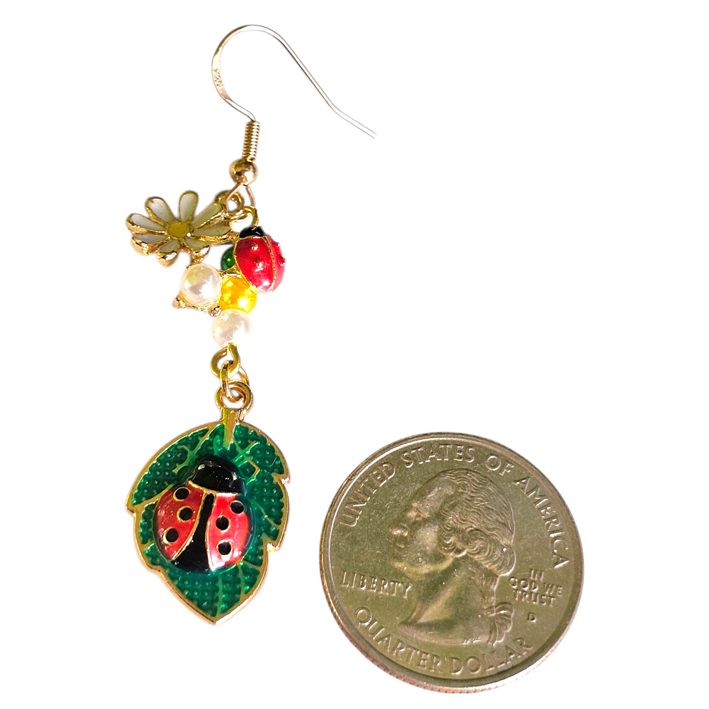 Ladybug & Daisy Dangle Earrings – Gold Nature Jewelry with Crystal Beads for Garden Lovers