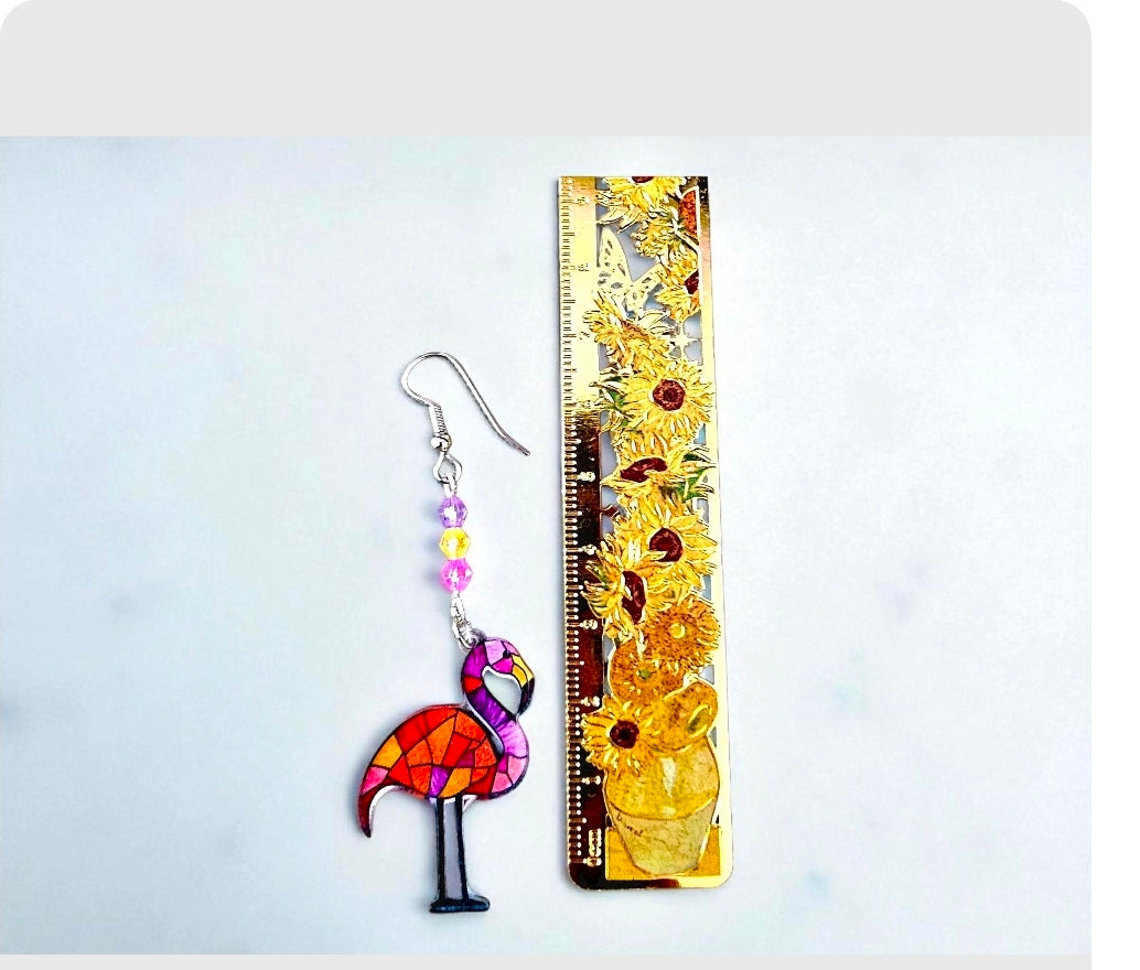 Flamingo Stained Glass Earrings - Colorful Mosaic Acrylic with Crystal Beads, Sterling Silver Hooks