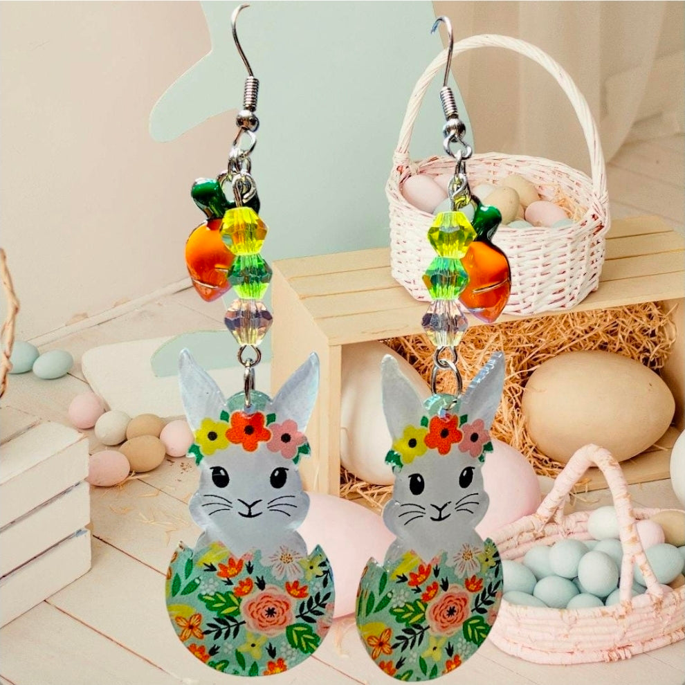 Easter Bunny Earrings - Floral Bunny with Carrot & Crystal Beads, Easter Jewelry