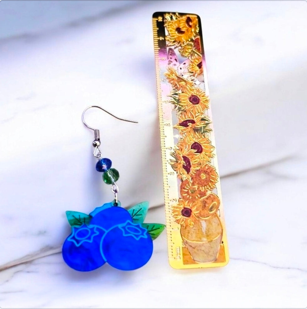 Blueberry Earrings | Acrylic Fruit Dangle Earrings with Crystal Beads & Sterling Silver Hooks