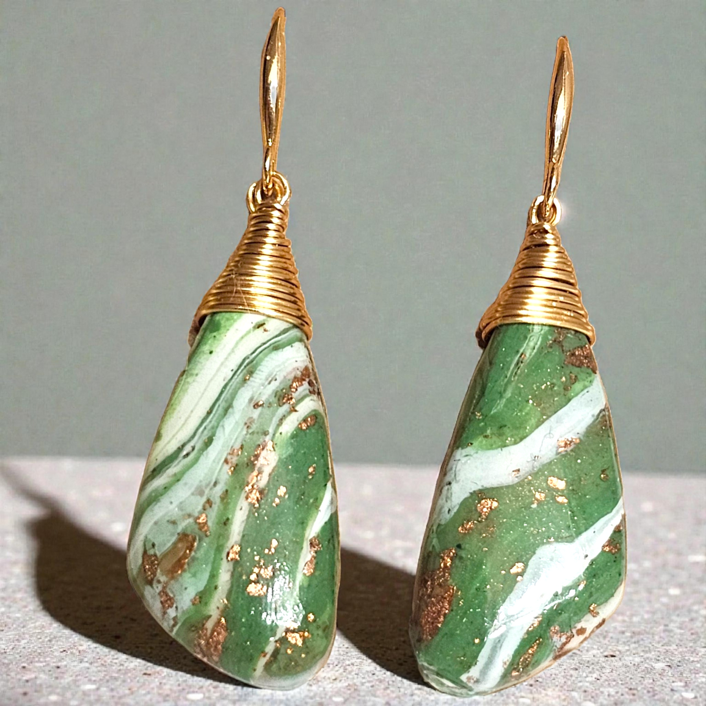 Olive Green Sculpted Earrings with Gold Leaf – Signature Wire-Wrapped Polymer Clay Dangles