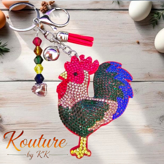 Rhinestone Rooster Keychain | 3D Bag Charm & Purse Charm
