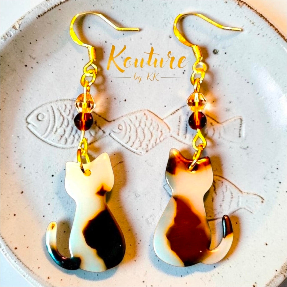 Calico Cat Earrings | Acrylic Kitty Dangle Earrings with Crystal Beads | 18K Gold or Sterling Silver Hooks
