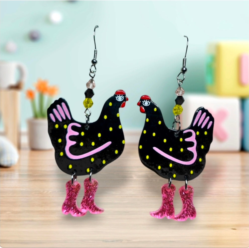 Black Chicken Earrings with Pink Boots – Funny Acrylic Farm Dangles