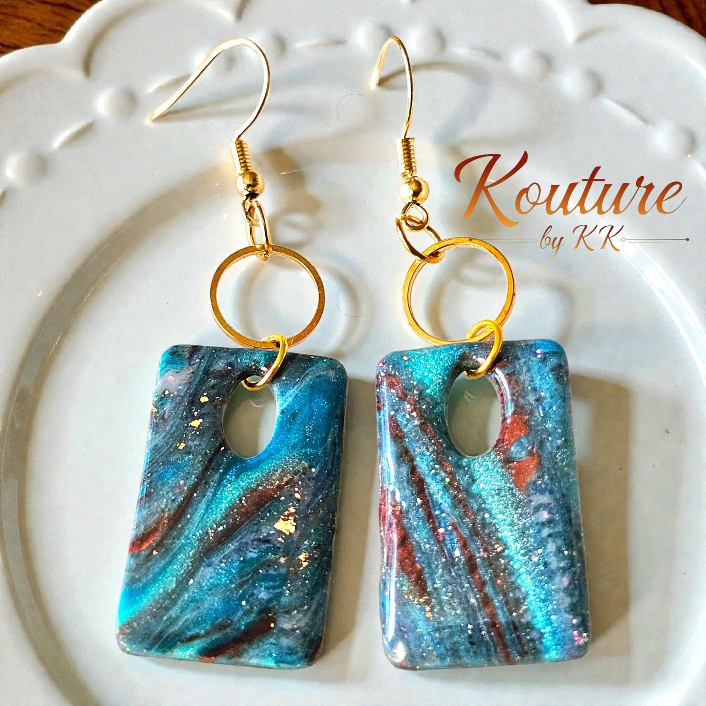 Blue Copper Foil Wave Rectangle Drop Earrings — Signature Sculpted Collection
