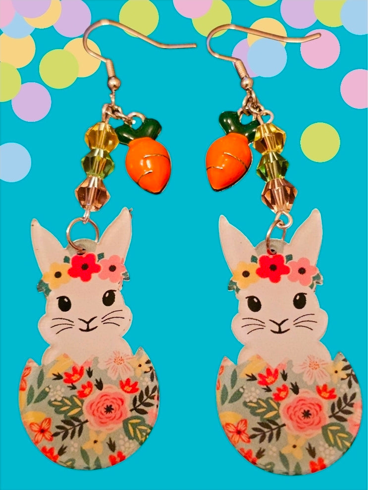 Easter Bunny Earrings - Floral Bunny with Carrot & Crystal Beads, Easter Jewelry