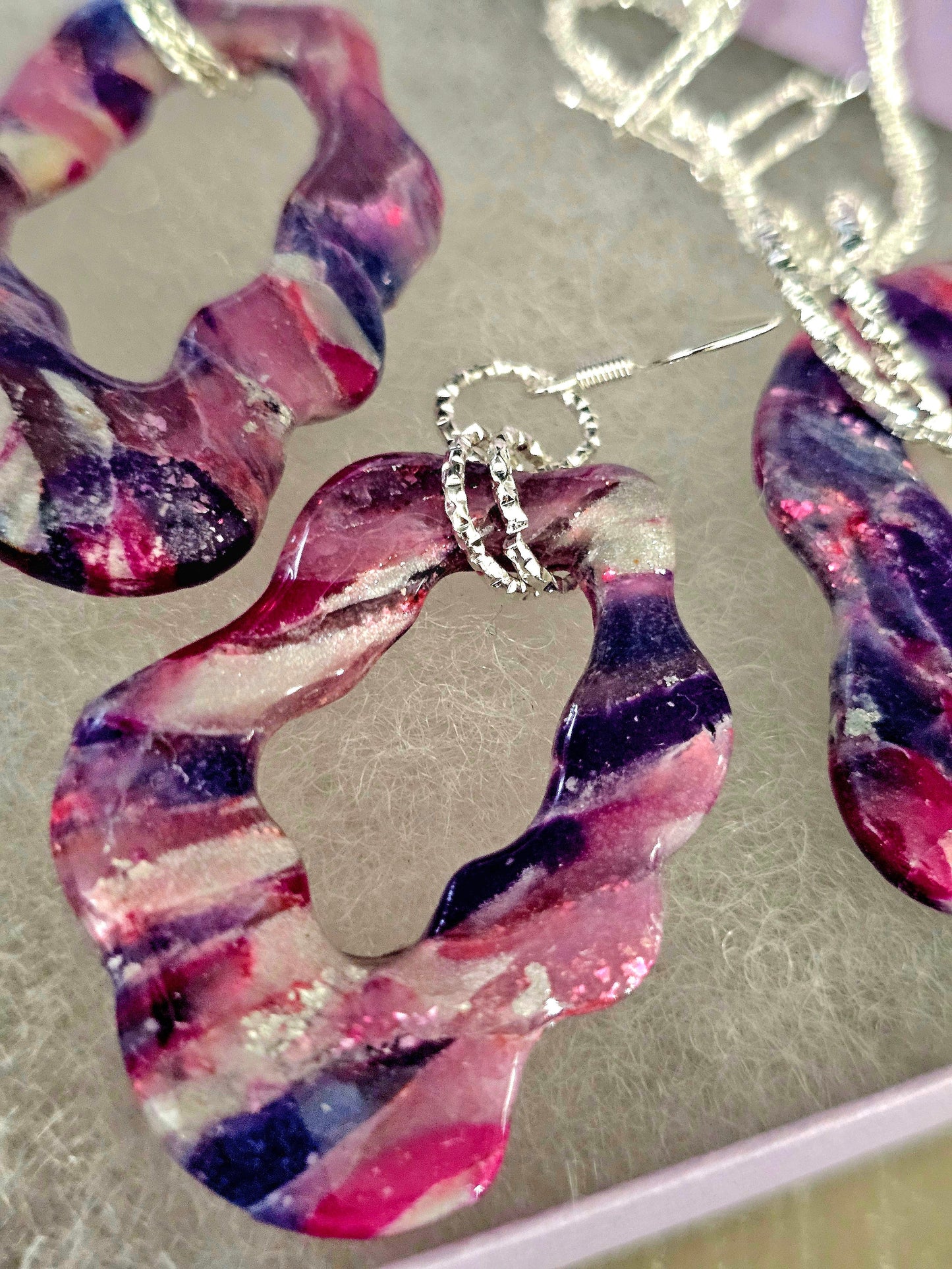 Purple Galaxy Wave Set – Hand-Sculpted Polymer Clay Double Necklace & Earrings with Silver Foil | One of a Kind Artisan Jewelry