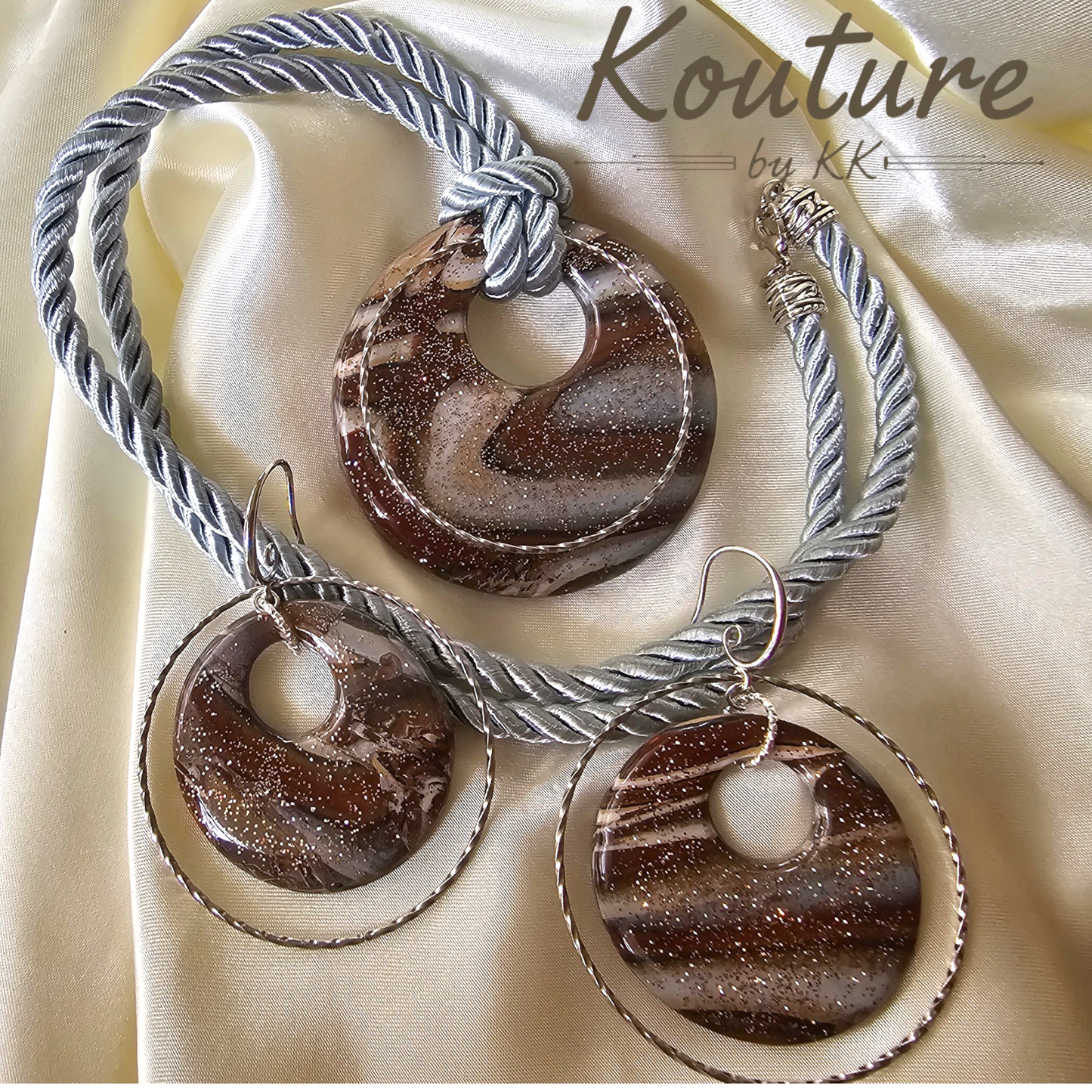 Smoky Donut Signature Set – Hand-Sculpted Polymer Clay Necklace & Earrings with Silver Gold Leaf | One of a Kind