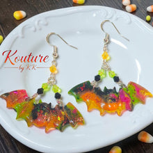 Load image into Gallery viewer, Neon Halloween Bat Earrings – Handmade Polymer Clay &amp; Resin | Kouture by KK
