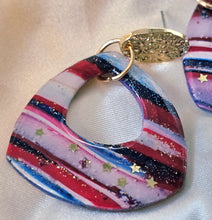 Load image into Gallery viewer, Stars &amp; Stripes Patriotic Triangle Gold Post Drop Earrings. Red, white and Blue Earrings
