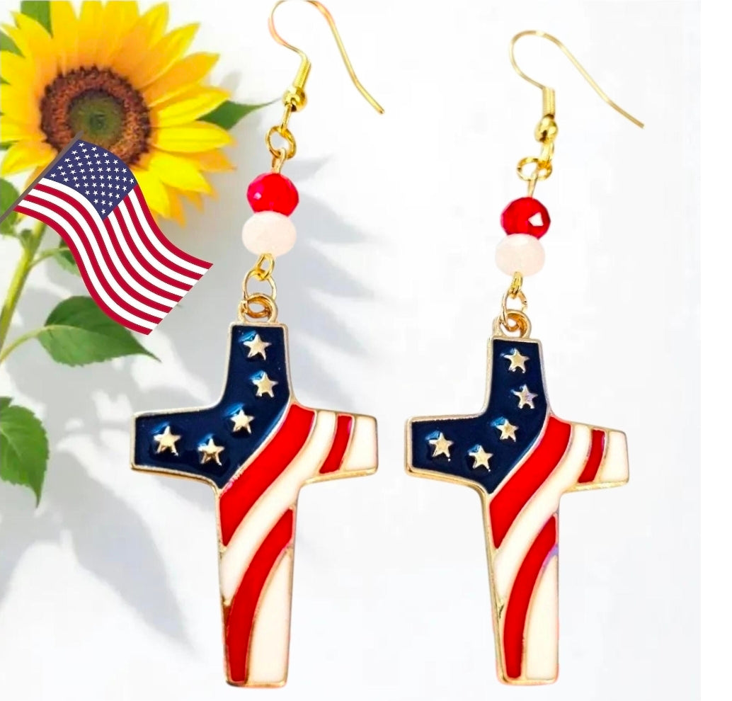 American Flag Cross Earrings – Patriotic USA Enamel Dangles with Crystal Beads & 18K Gold Hooks