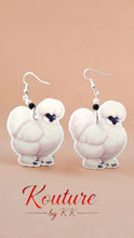 Load image into Gallery viewer, Silkie Chicken Acrylic Dangle Earrings with Sterling Silver Hooks &amp; Crystal Beads
