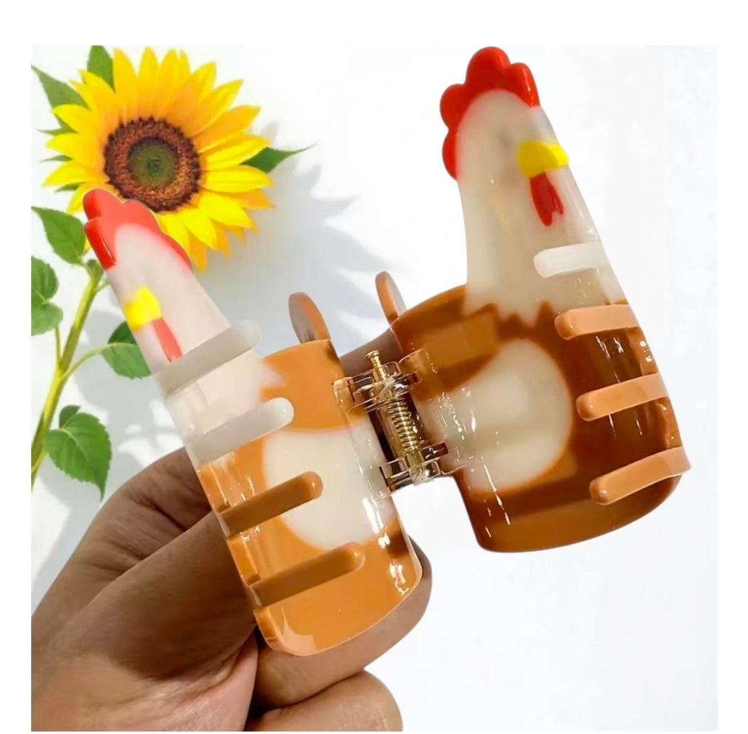 Funny Chicken Hair Claw Clip – Brown and Cream Farmhouse Hair Accessory