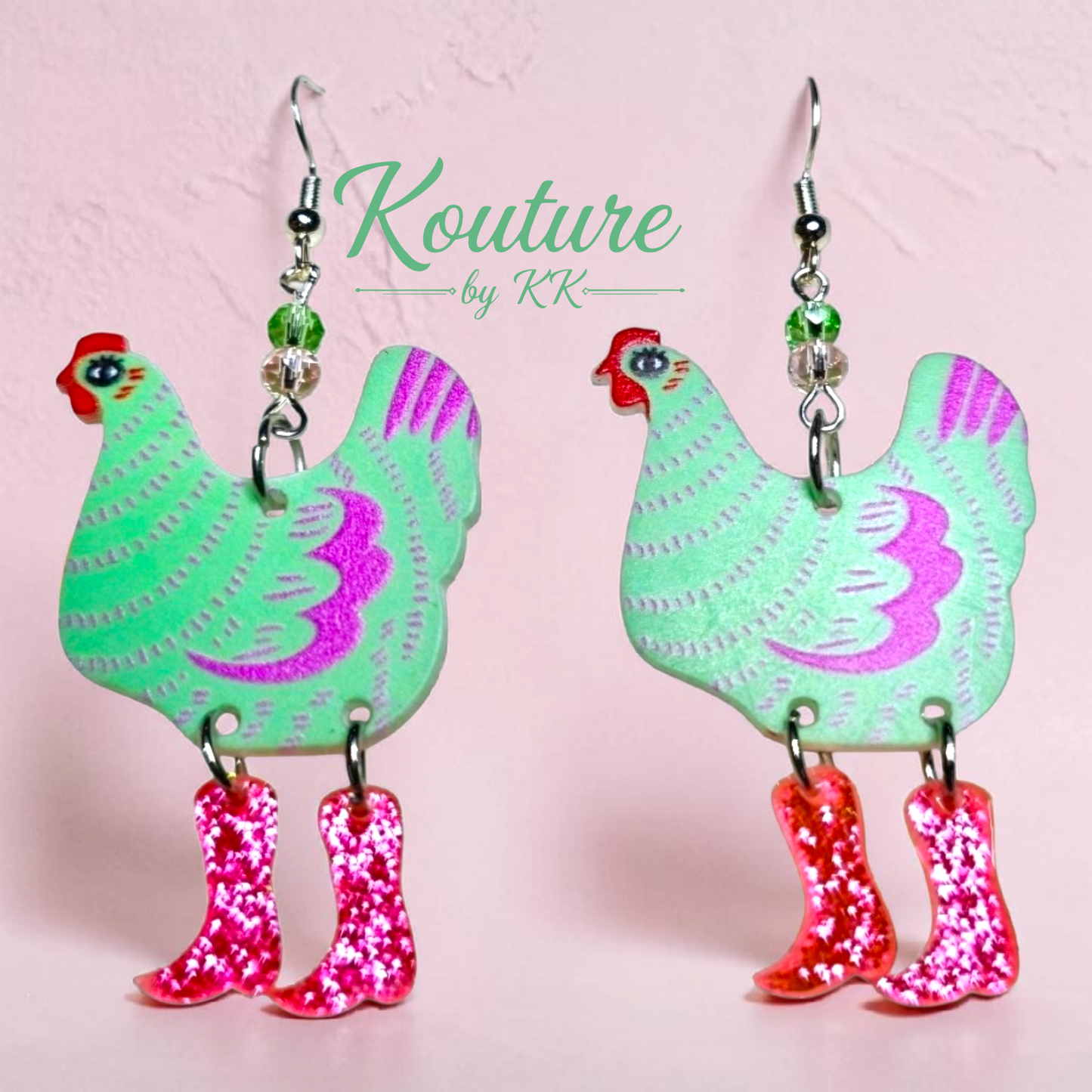 Mint Green Chicken in Hot Pink Boots Earrings