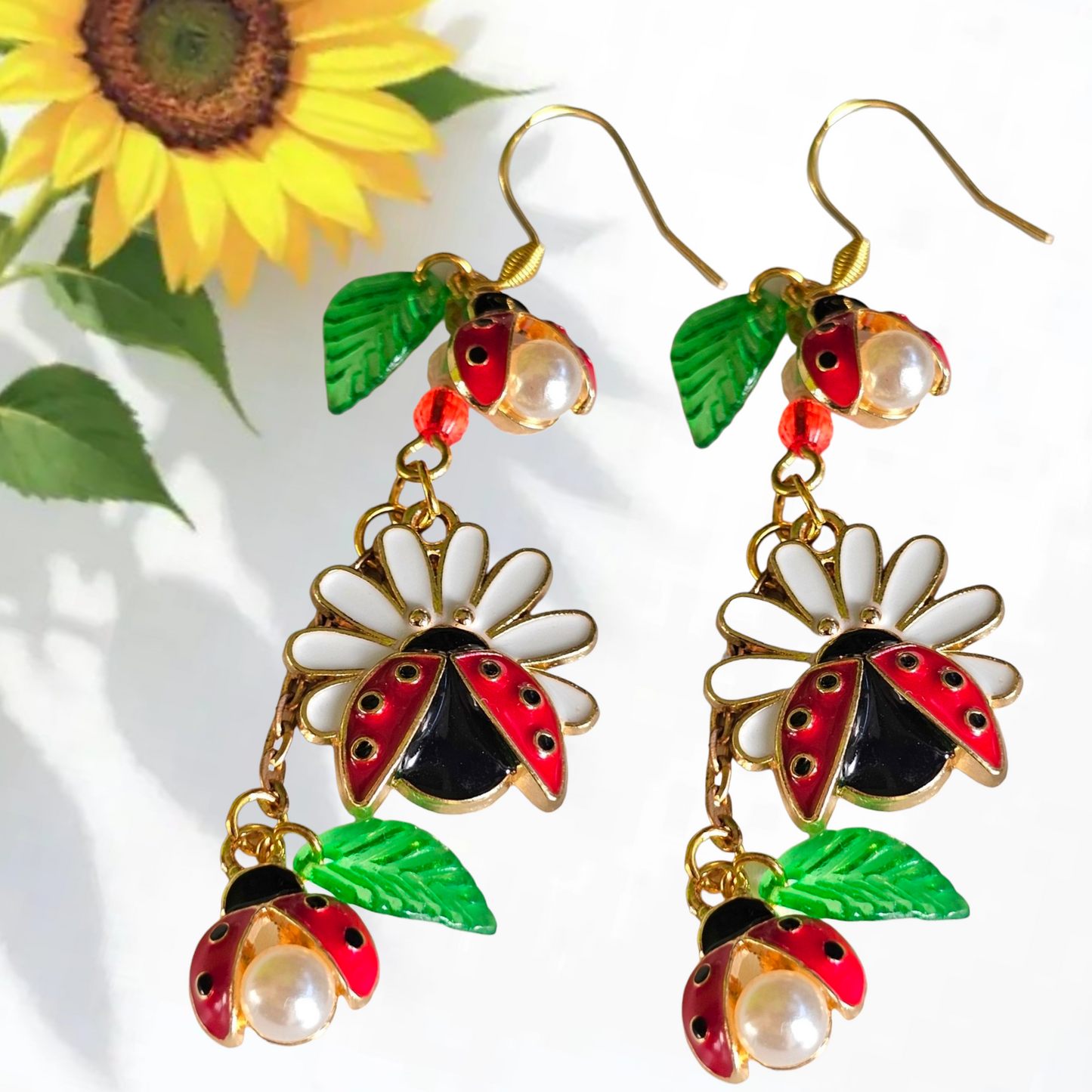 Ladybug Pearl Double Leaf & Daisy Dangle Earrings – Gold Nature Jewelry with Crystal Beads for Garden Lovers