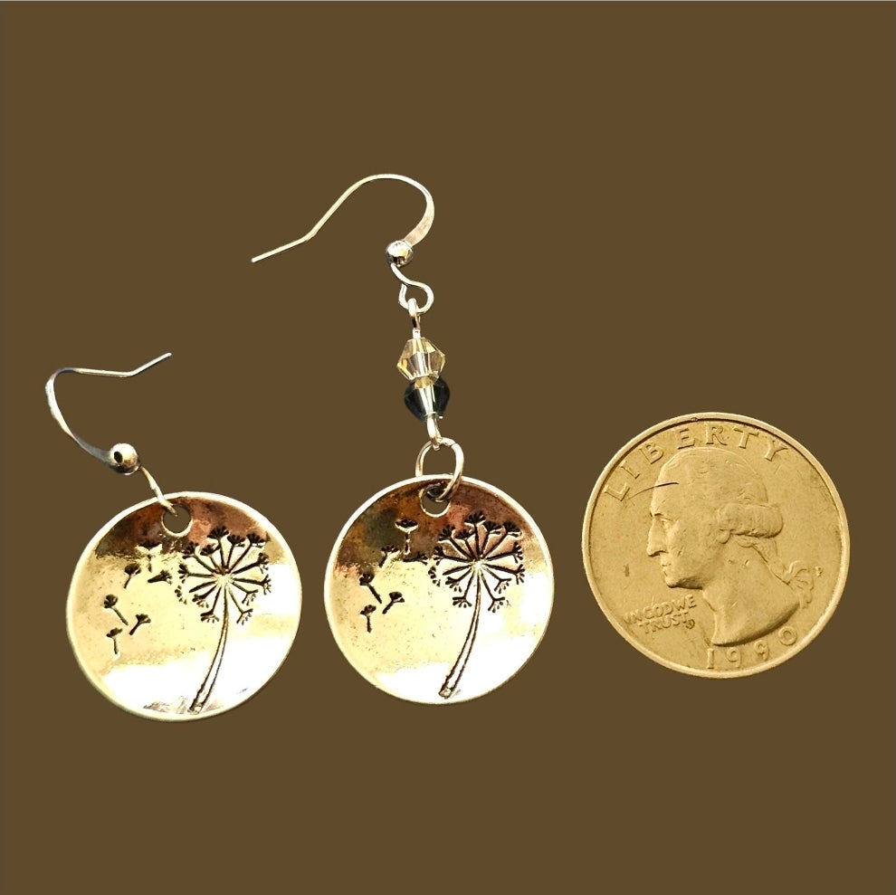 Silver Round Dandelion Earrings - Hand-Stamped Flower Jewelry, Bohemian Metal Teardrop Earrings