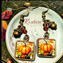Load image into Gallery viewer, Harvest Pumpkin Earrings – Antique Bronze Fall Dangle Earrings with Acorn Charm
