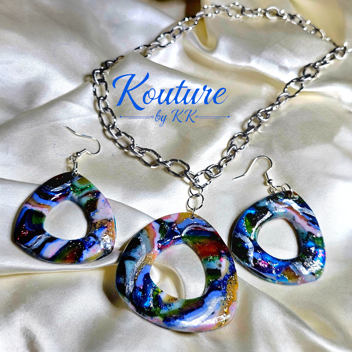 Rainbow Kaleidoscope Rounded Triangle Signature Set – Hand-Sculpted Polymer Clay Necklace & Earrings with Custom Chain | One of a Kind Artisan Jewelry