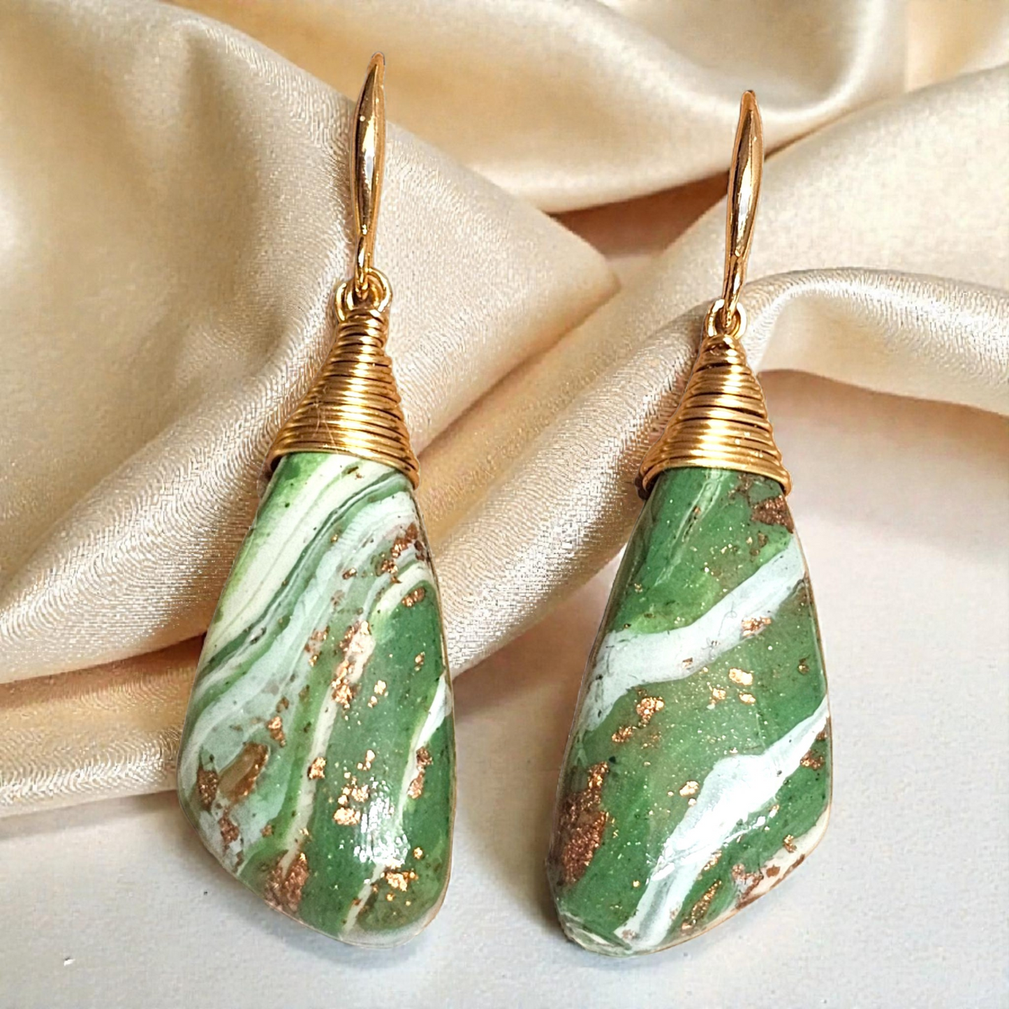 Olive Green Sculpted Earrings with Gold Leaf – Signature Wire-Wrapped Polymer Clay Dangles