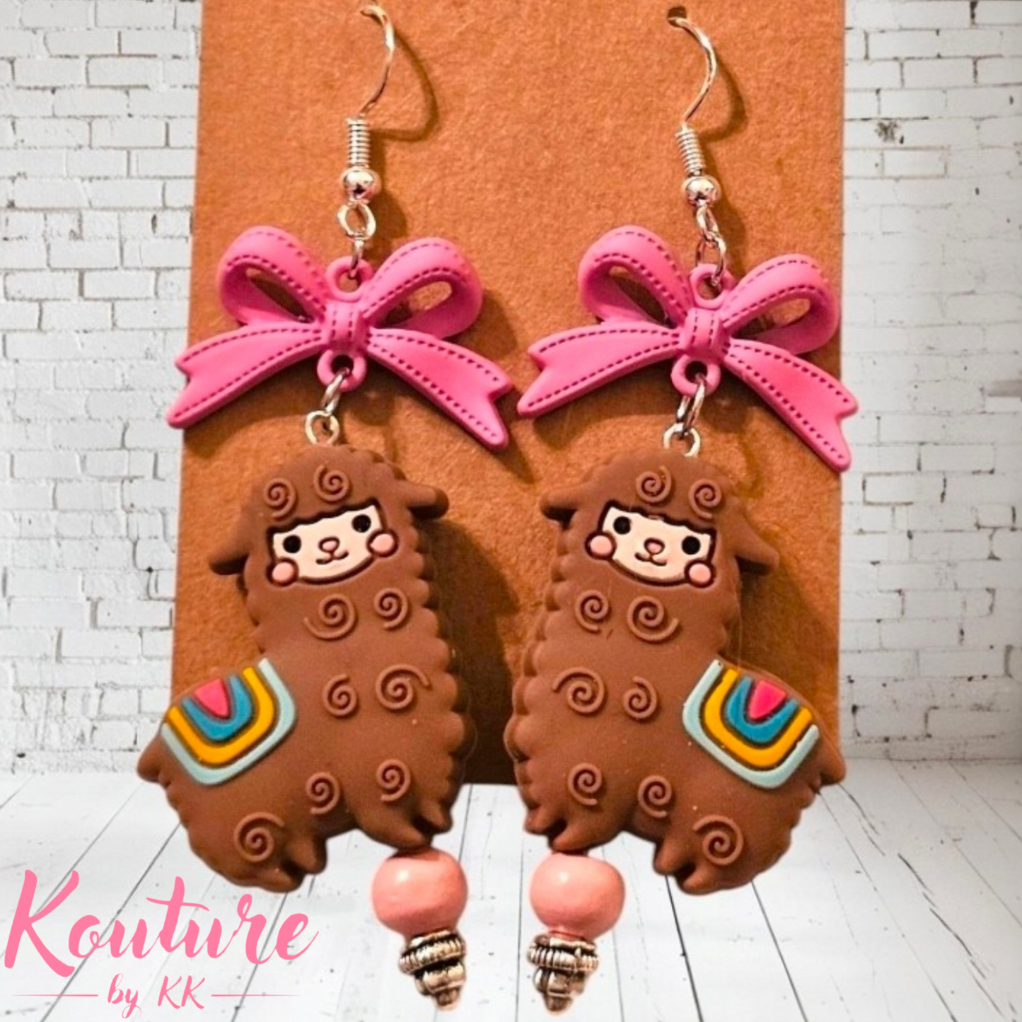 Brown Llama Alpaca Earrings - Folk Art with Rainbow Blanket, Pink Bow & Pink Bead, Sterling Silver Hooks