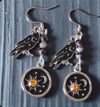 Load image into Gallery viewer, Raven Moon &amp; Stars Celestial Dangle Earrings
