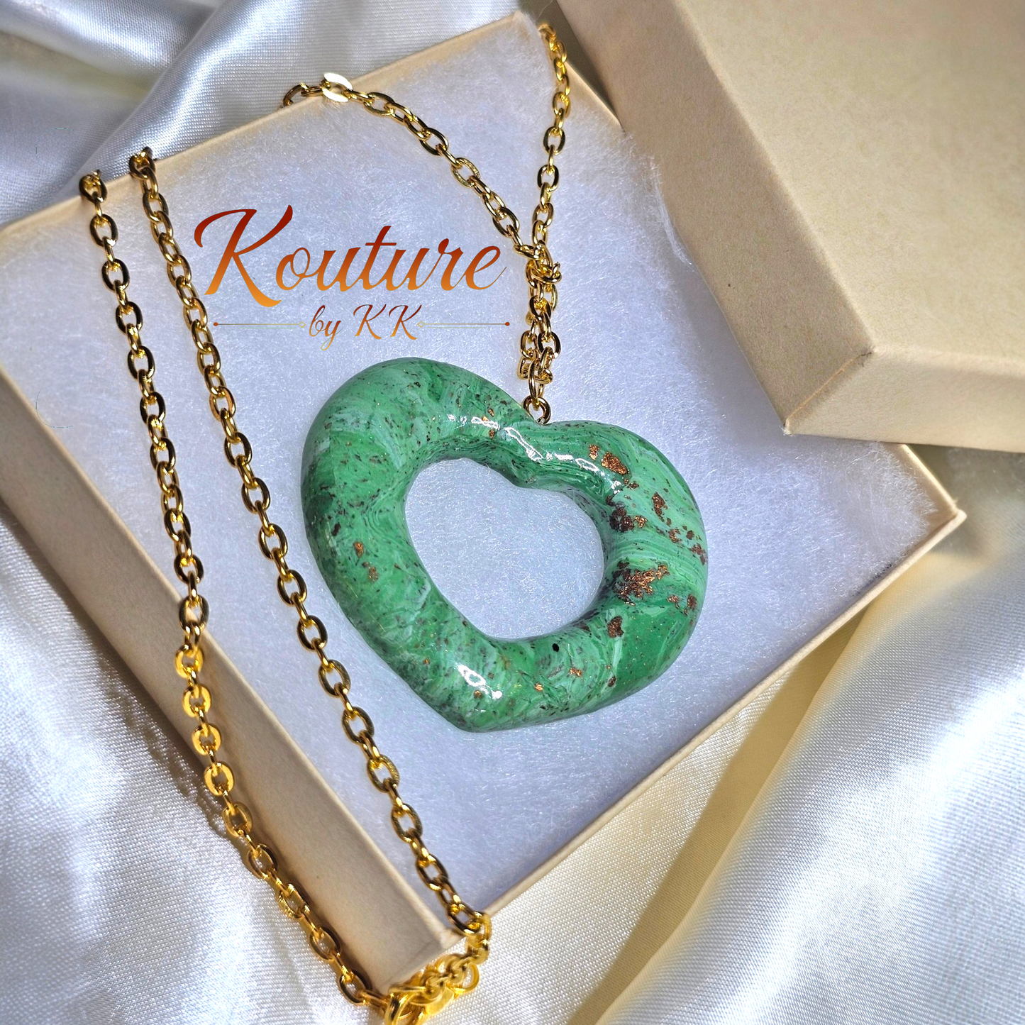 Olive Green Heart Necklace – Hand-Sculpted Polymer Clay with Gold Foil | Signature Sculpted Collection