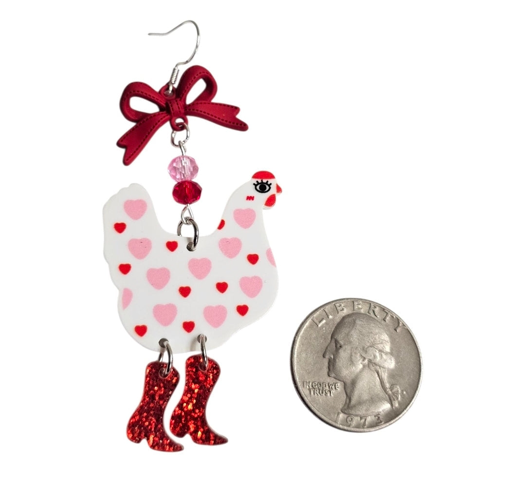 Heart Chicken in Boots — Acrylic Dangle Earrings with Red Bow & Crystal Beads