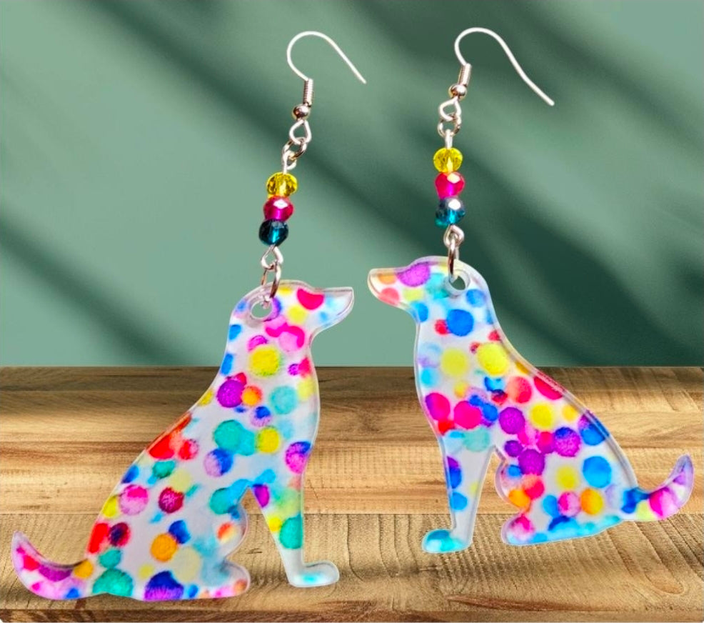 Colorful Rainbow Dog Earrings – Acrylic Puppy Jewelry with Crystal Beads – Sterling Silver Hooks