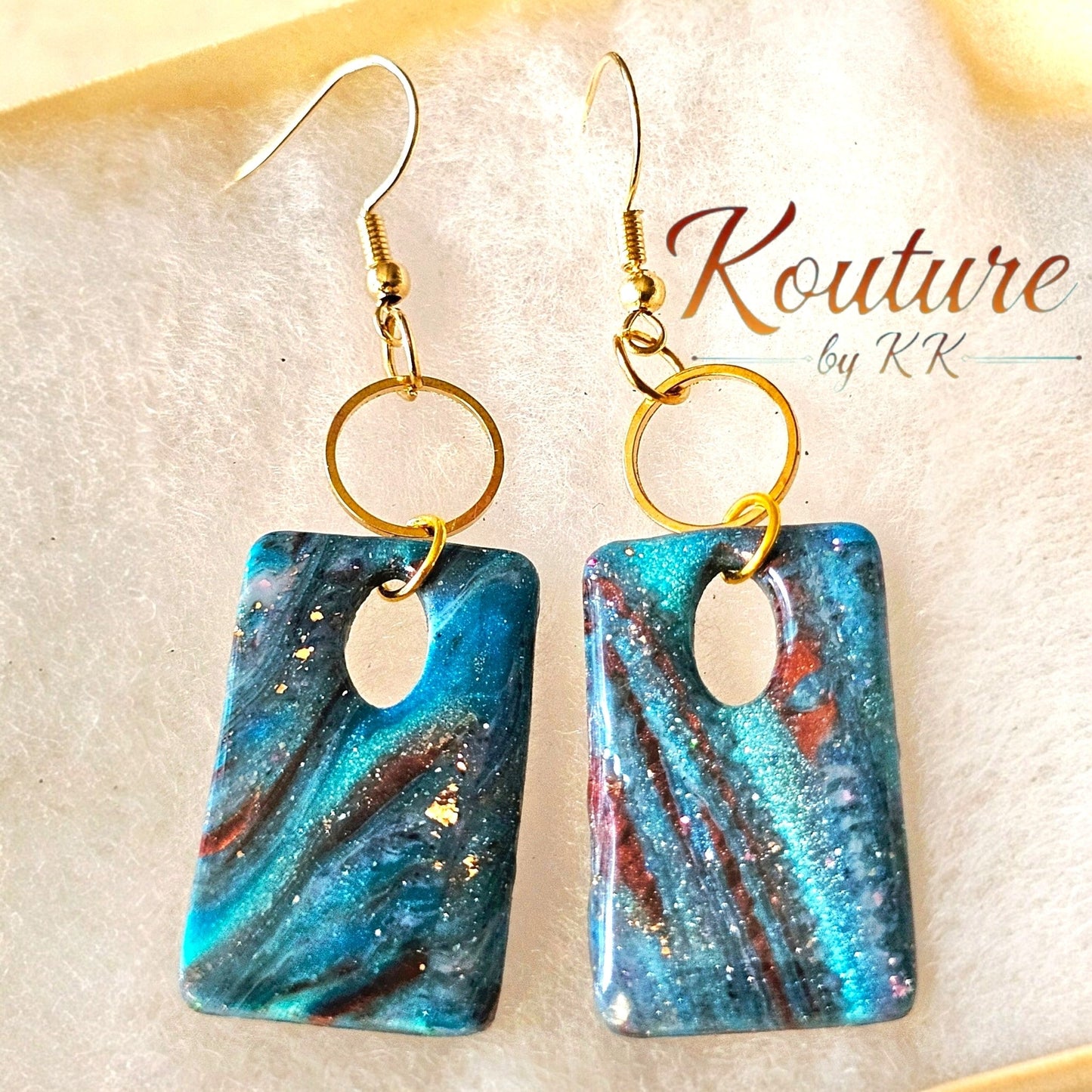 Blue Copper Foil Wave Rectangle Drop Earrings — Signature Sculpted Collection