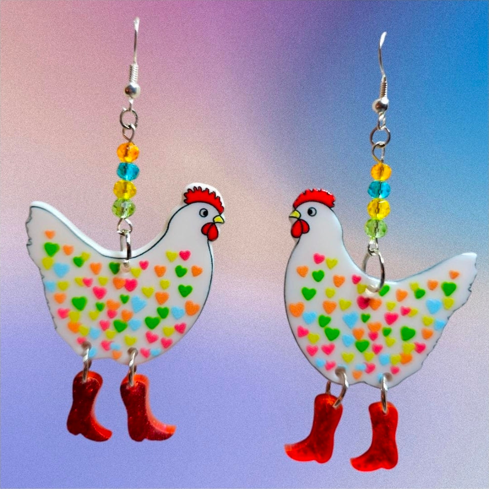 Chicken Earrings: Acrylic Heart Chicken with Dangling Boots and Sterling Silver Hooks