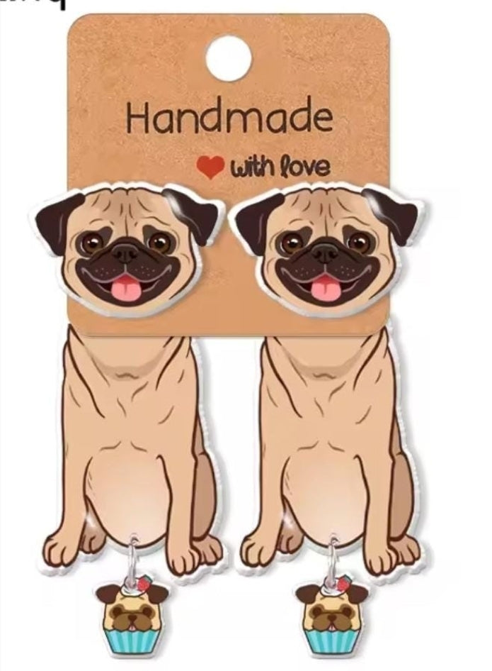 Pug Dog Earrings: Dangling Tail Pug Cupcake Dog Post Earrings