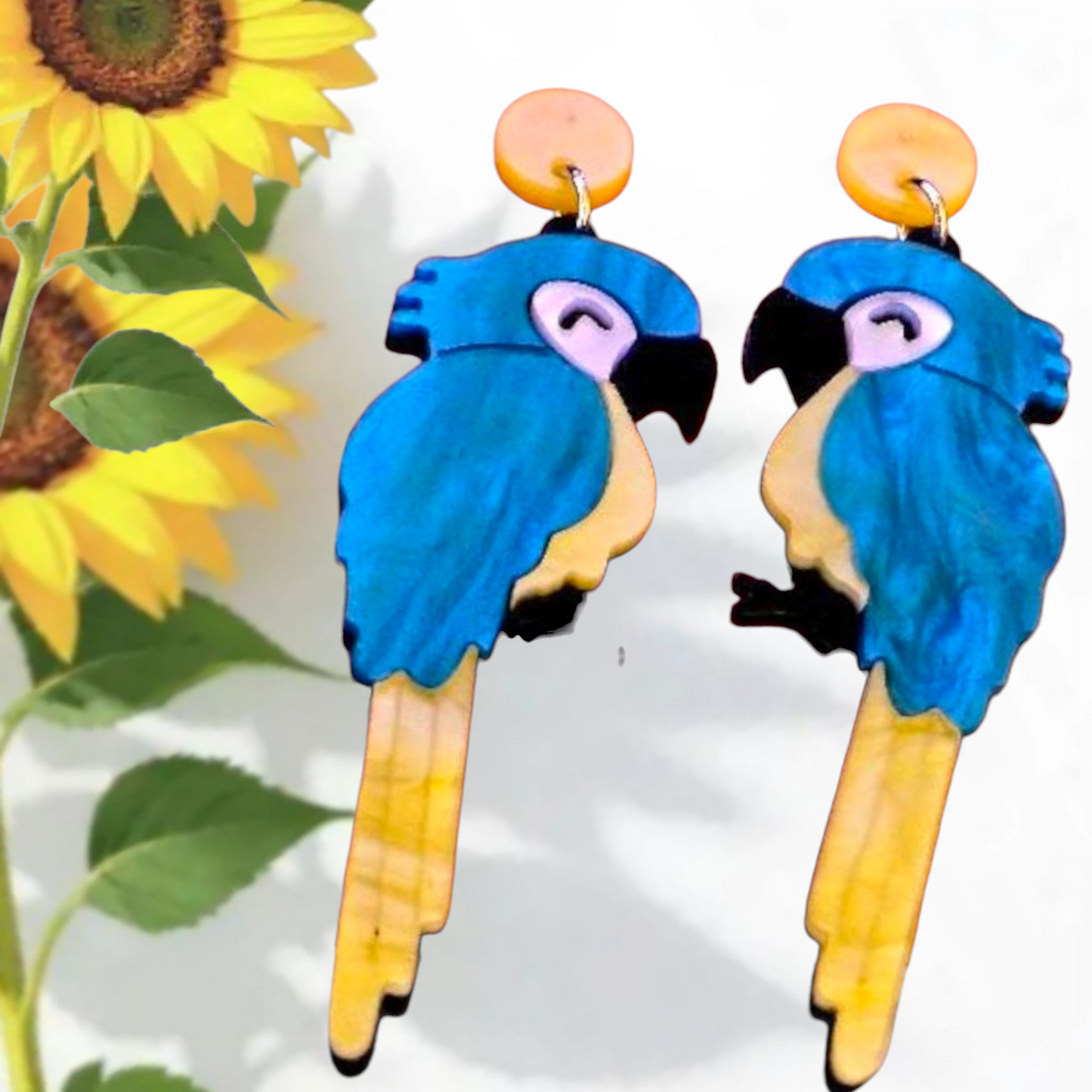 Blue and Gold Macaw Parrot Earrings – Acrylic Bird Jewelry