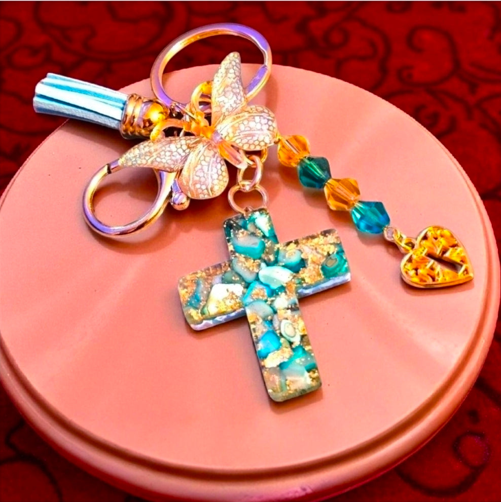 Faith Cross Keychain - Blue Teal | Handcrafted with Gold Leaf & Crystal Beads