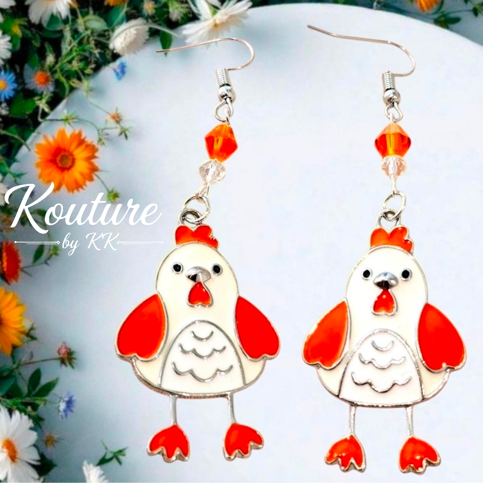 Cluck Couture — Chicken Lover Enamel Dangle Earrings with Crystal Beads
