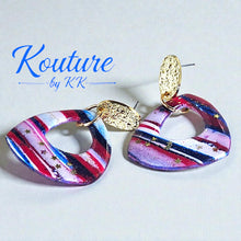 Load image into Gallery viewer, Stars &amp; Stripes Patriotic Triangle Gold Post Drop Earrings. Red, white and Blue Earrings
