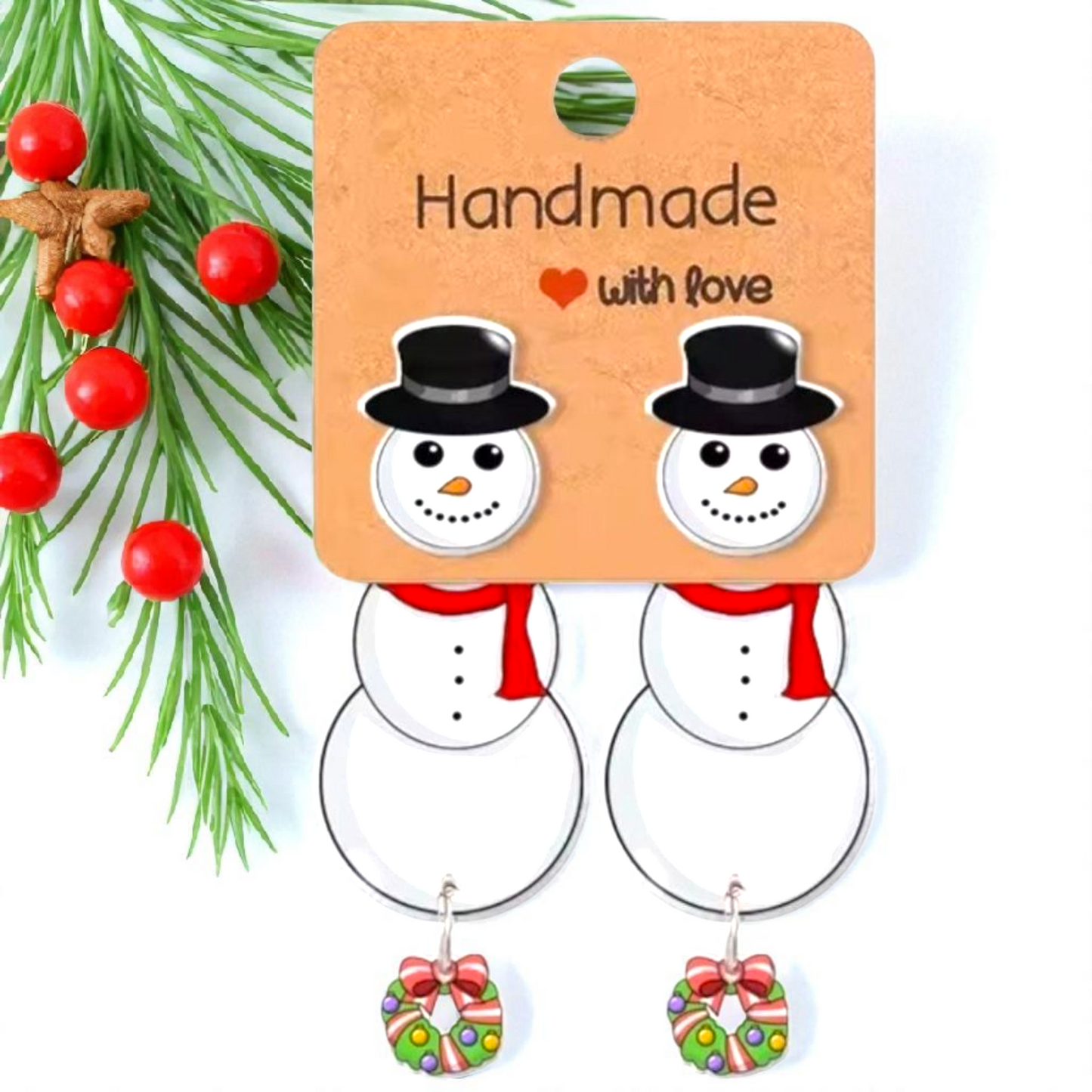 Snowman Dangle Post Earrings – Christmas Wreath Acrylic Jewelry