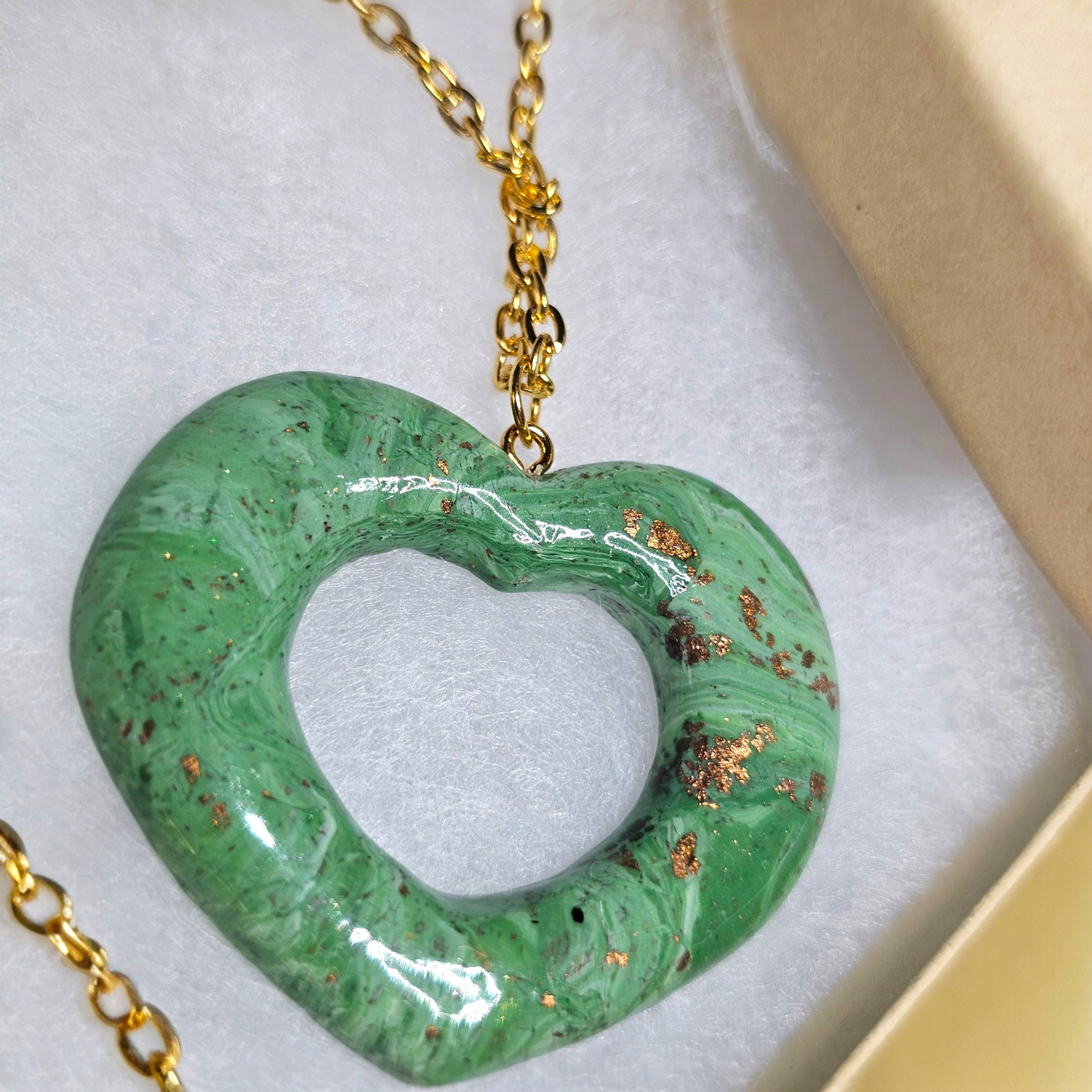 Olive Green Heart Necklace – Hand-Sculpted Polymer Clay with Gold Foil | Signature Sculpted Collection