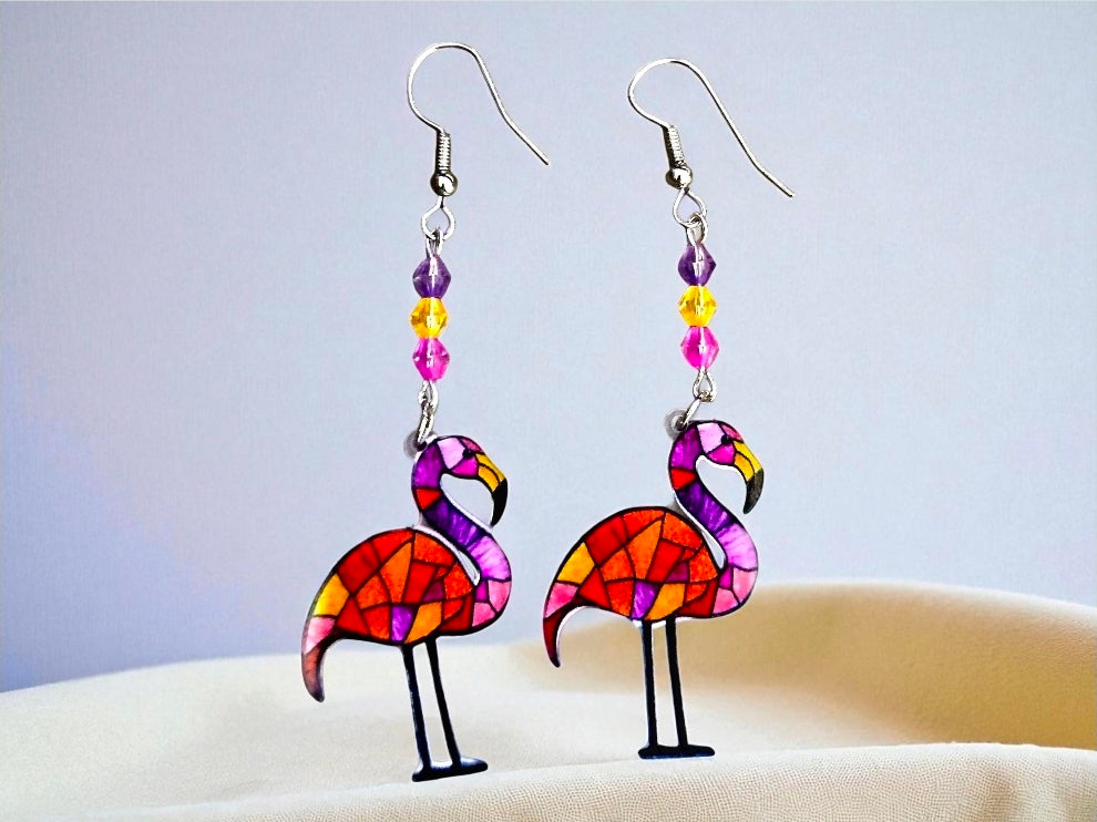 Flamingo Stained Glass Earrings - Colorful Mosaic Acrylic with Crystal Beads, Sterling Silver Hooks