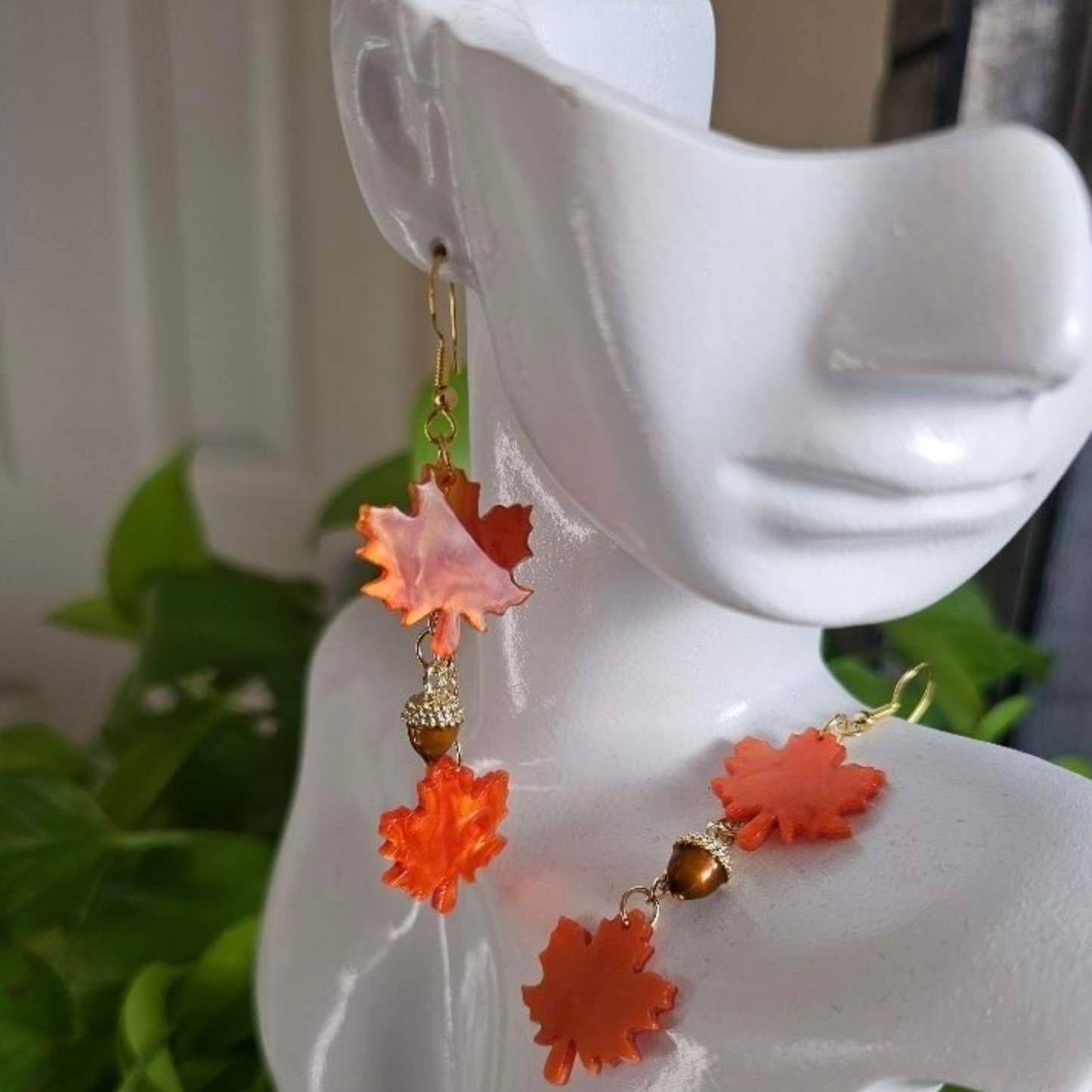 Autumn Orange Fall Leaf Earrings with Acorn – Long Dangle Earrings on Gold Chain