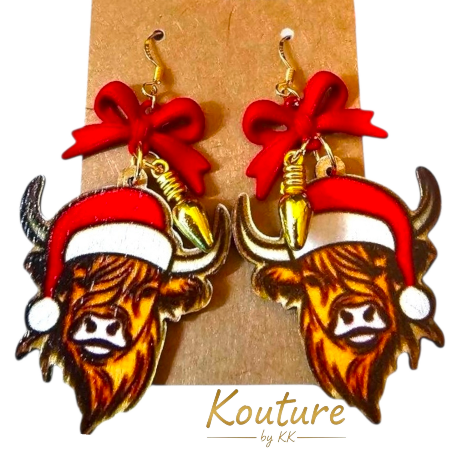 Highland Cow Christmas Earrings – Festive Acrylic & Resin Dangles with Red Metal Bow
