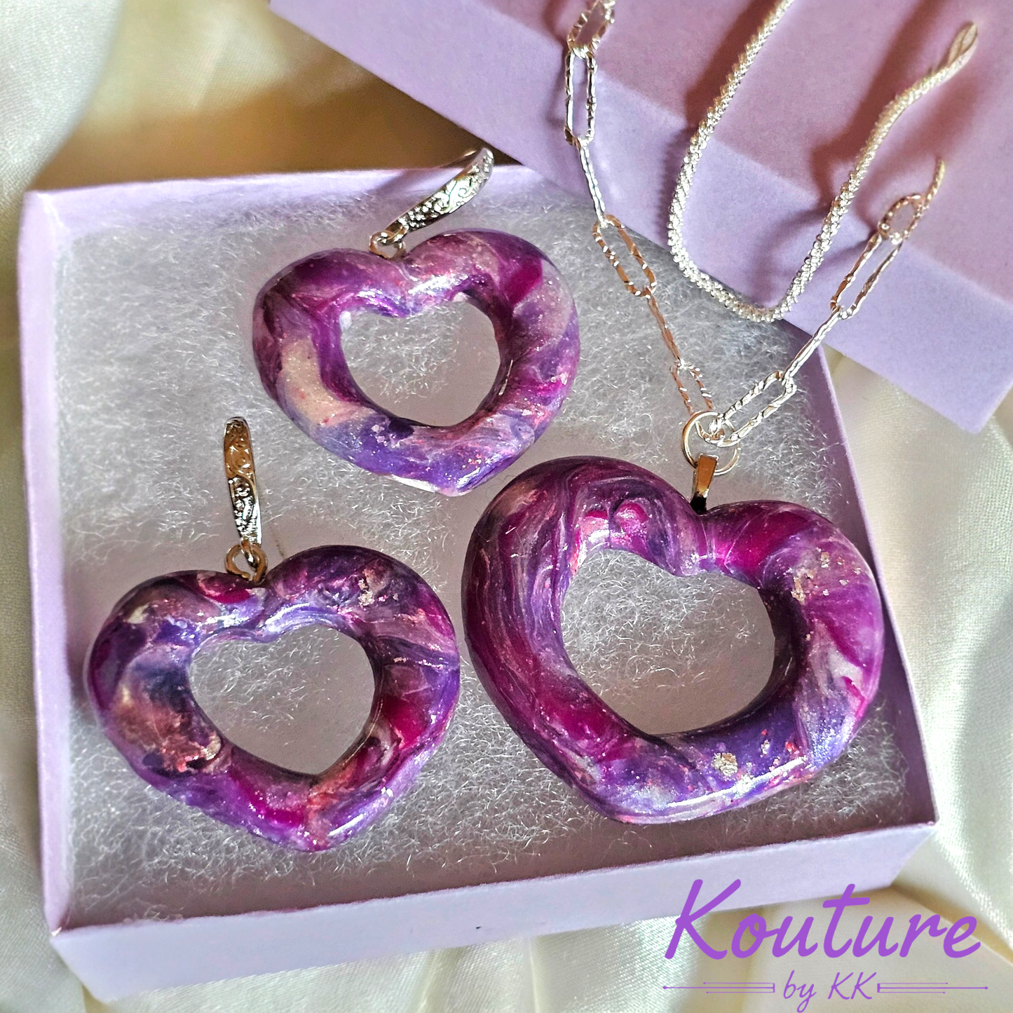Purple Galaxy Heart Set – Hand-Sculpted Polymer Clay Necklace & Earrings with Silver Foil | One of a Kind Artisan Jewelry