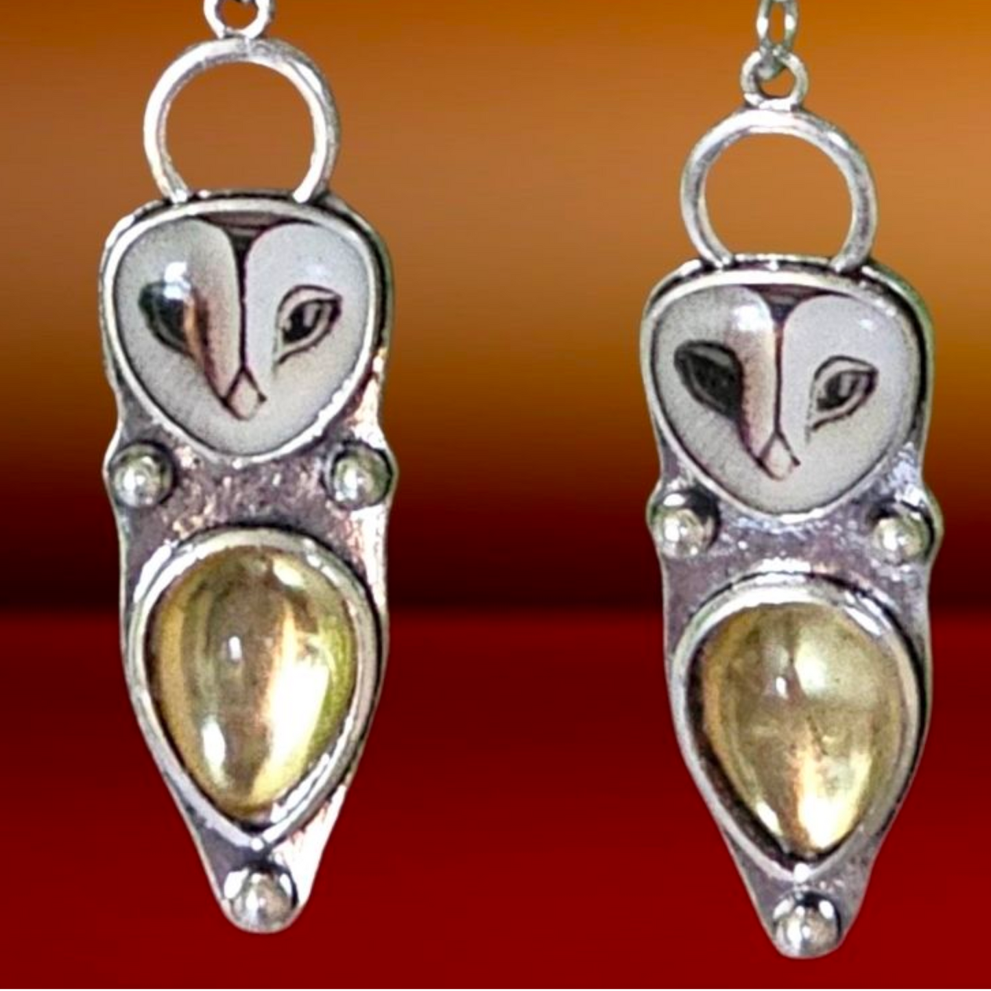 Vintage Owl Drop Earrings – Silver Tone with Champagne Glass Accent