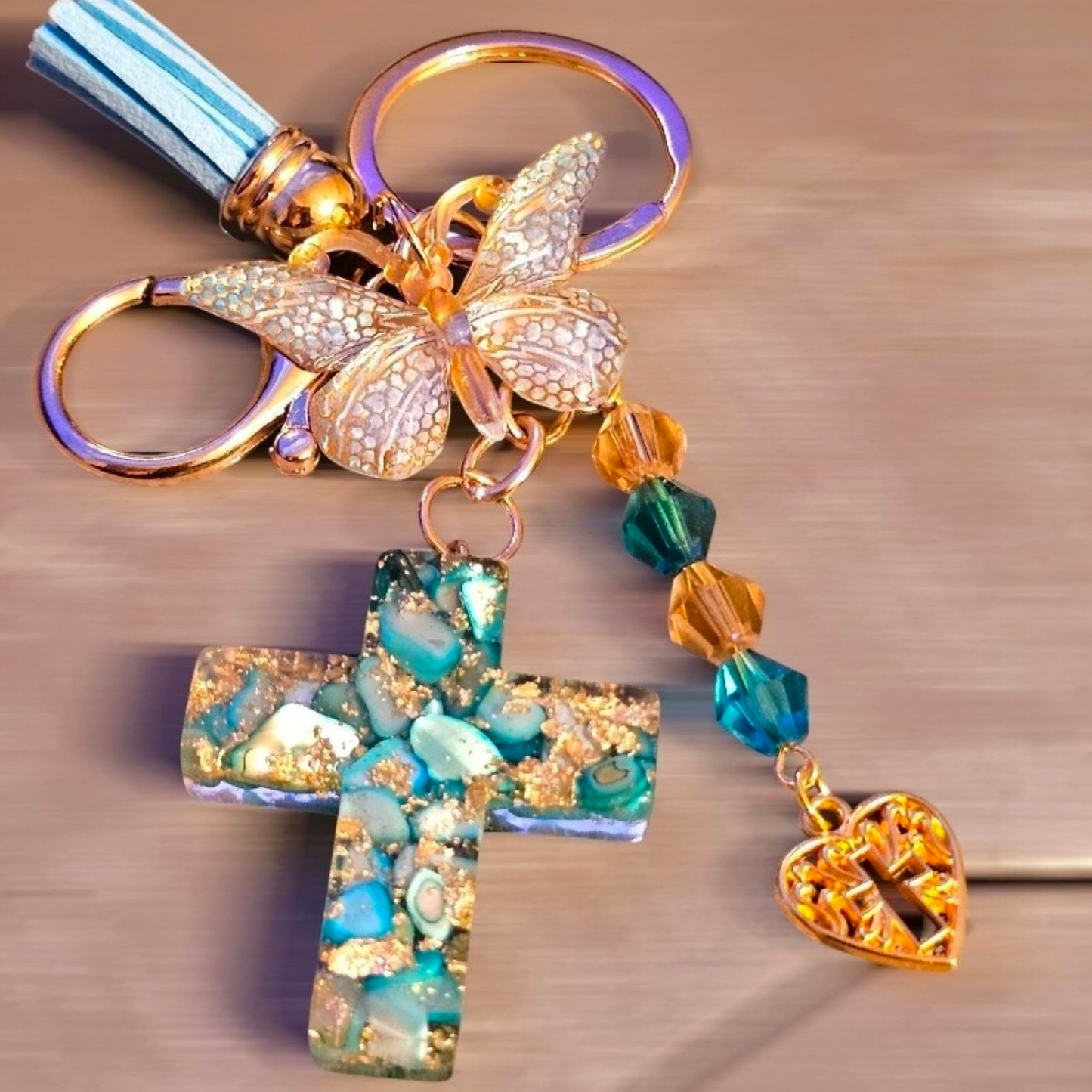 Faith Cross Keychain - Blue Teal | Handcrafted with Gold Leaf & Crystal Beads