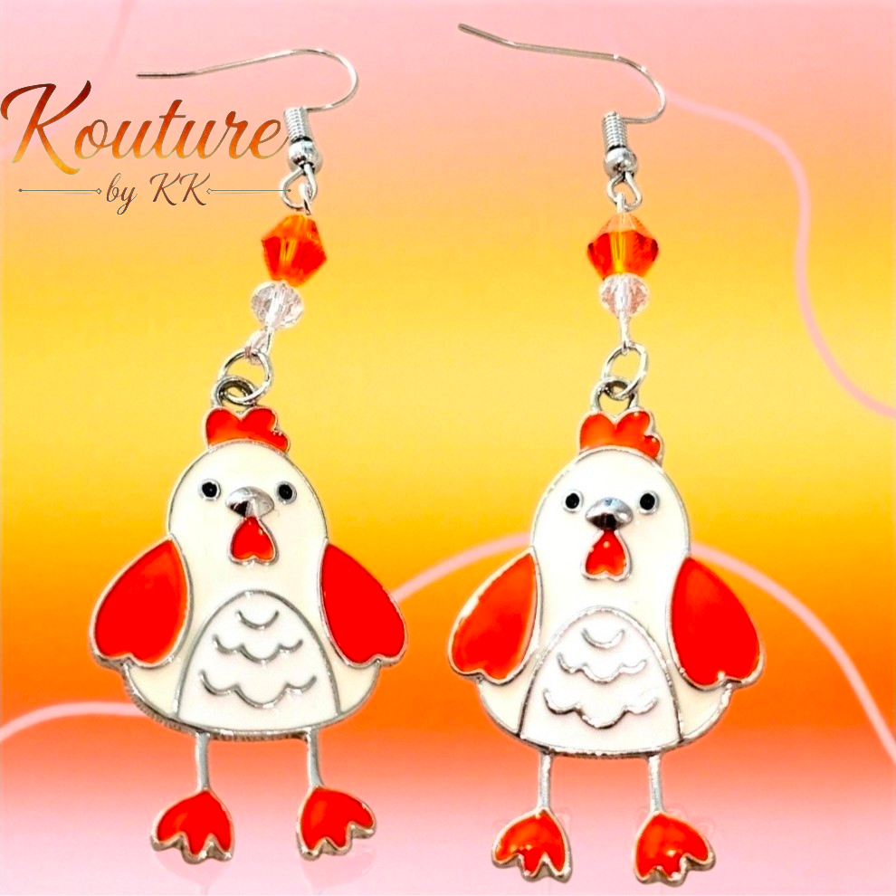 Cluck Couture — Chicken Lover Enamel Dangle Earrings with Crystal Beads