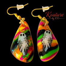 Load image into Gallery viewer, Bright multicolor polymer clay drop earrings with ghost and spiderweb details on a black background
