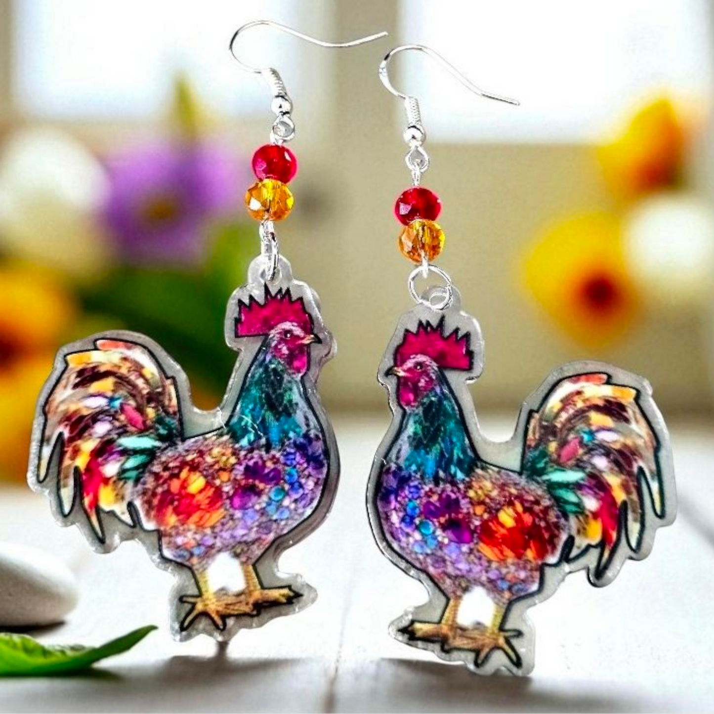 Colorful Rooster Earrings with Crystal Beads – Western Cowgirl Farmhouse Jewelry